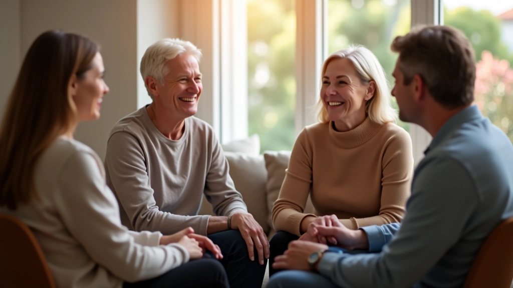 Grupo de mulheres e homens em círculo conversando numa sala luminosa, transmitindo conexão genuína