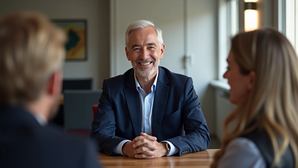 Consultor conversando com cliente madura num espaço aconchegante, ambiente profissional caloroso