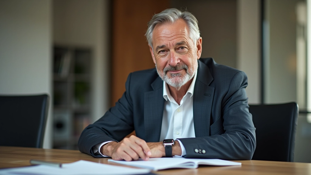 Homem de meia-idade numa mesa de escritório, rodeado de cadernos e anotações, pensativo