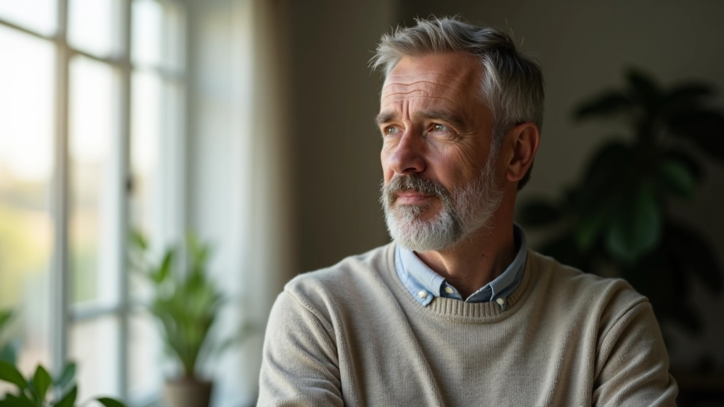 Homem maduro refletindo numa poltrona confortável, rosto pensativo, ambiente luminoso