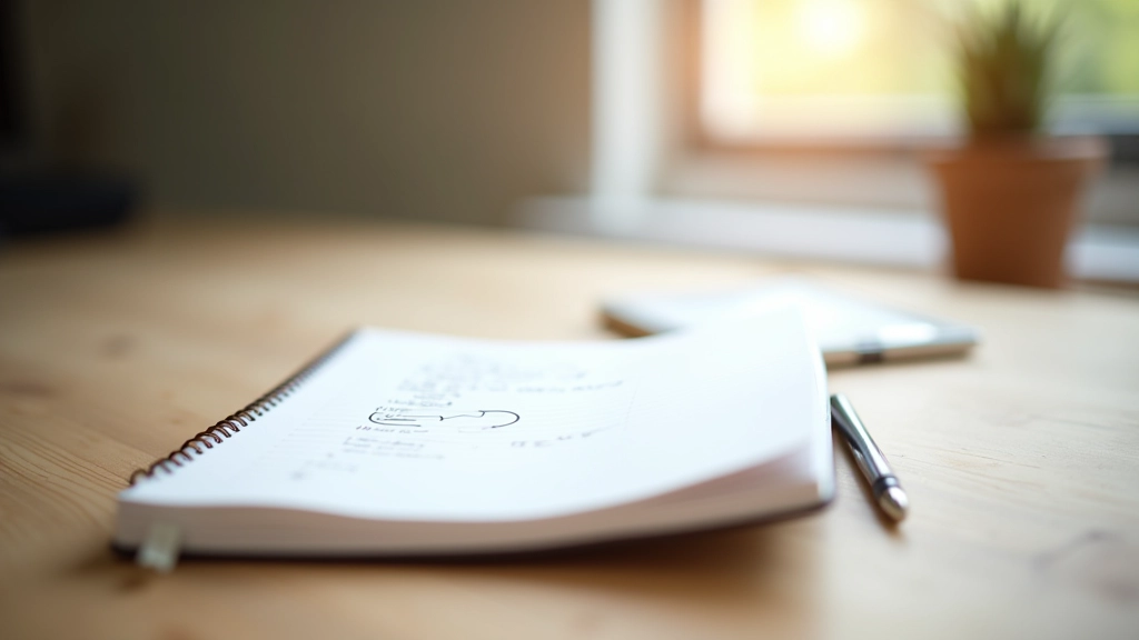 Caderno aberto com anotações reflexivas, caneta ao lado, mesa de madeira clara em ambiente iluminado