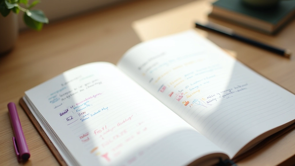 Caderno aberto com diferentes cores de canetas, mostrando anotações estruturadas sobre metas pessoais