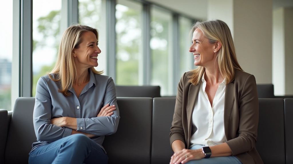Duas pessoas conversando numa sala de espera, expressões diferentes, luz natural, ambiente real