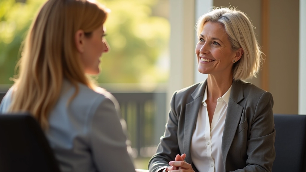 Duas pessoas em conversa profunda durante sessão de coaching, ambiente aconchegante com luz natural
