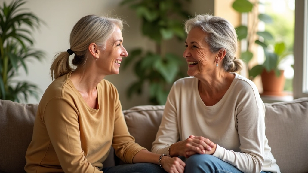 Duas mulheres adultas conversando num espaço aconchegante com plantas, ambas sorrindo naturalmente