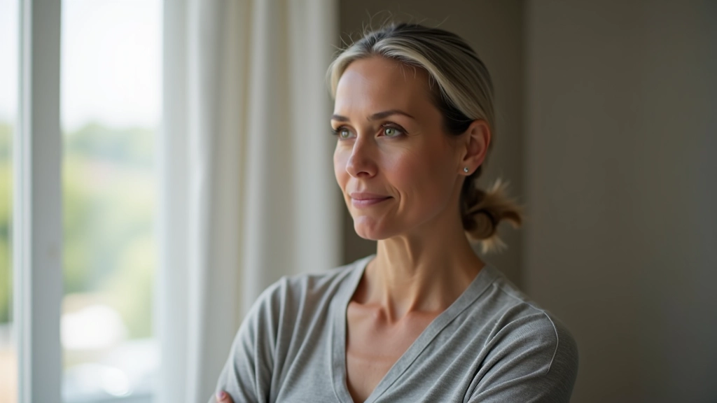 Mulher de meia idade em espaço sereno de reflexão, olhando pela janela com expressão pensativa e esperançosa