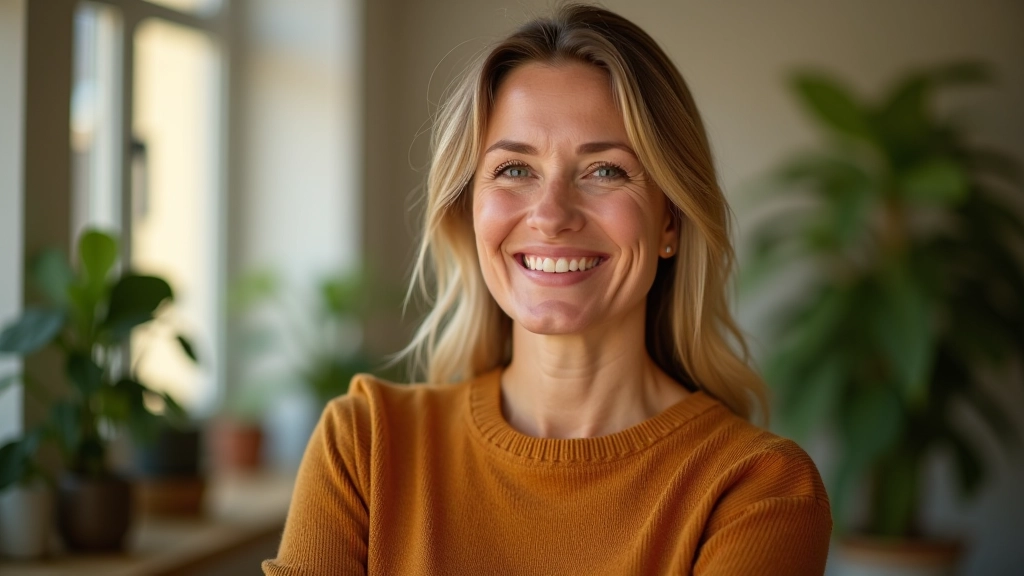 Mulher madura sorridente em ambiente acolhedor, refletindo paz e propósito de vida