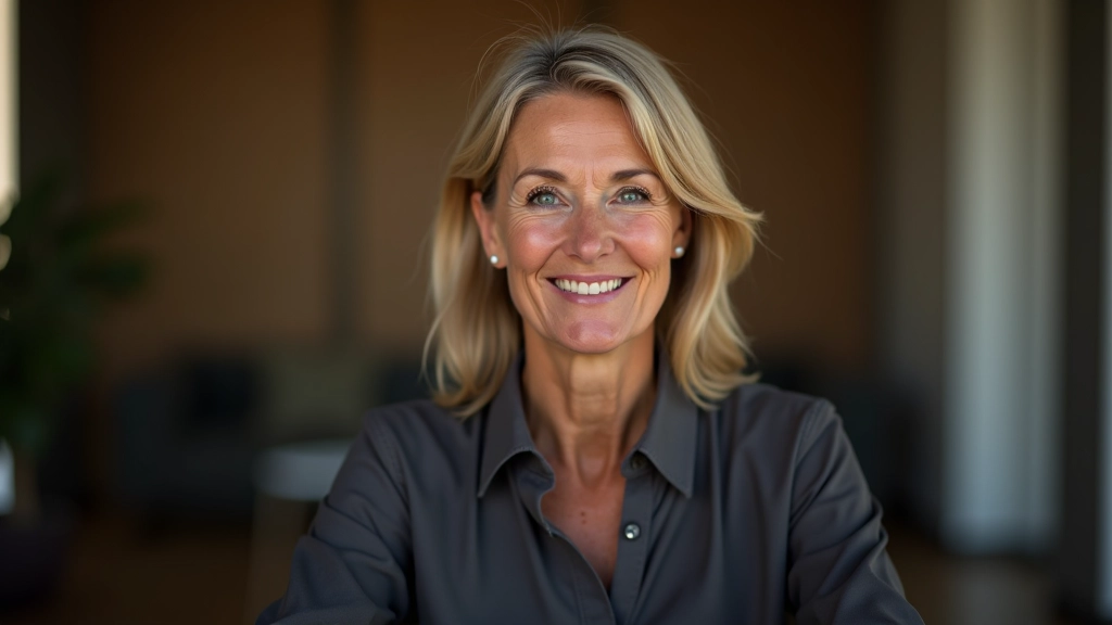 Mulher de 50 anos em ambiente de coaching profissional, sentada confortavelmente, com expressão atenta e confiante